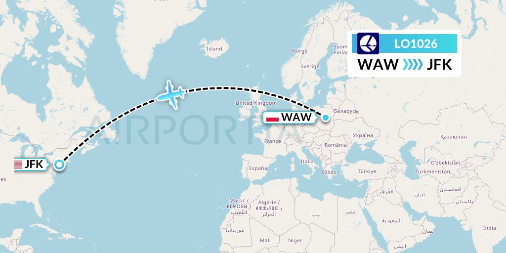 LO1026 LOT Flight Map: Warsaw to New York