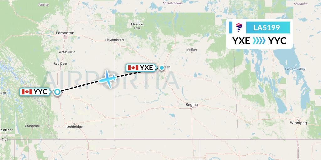 LA5199 LAN Airlines Flight Map: Saskatoon to Calgary