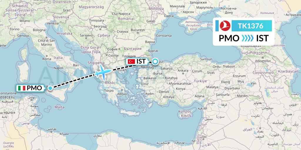 TK1376 Turkish Airlines Flight Map: Palermo to Istanbul