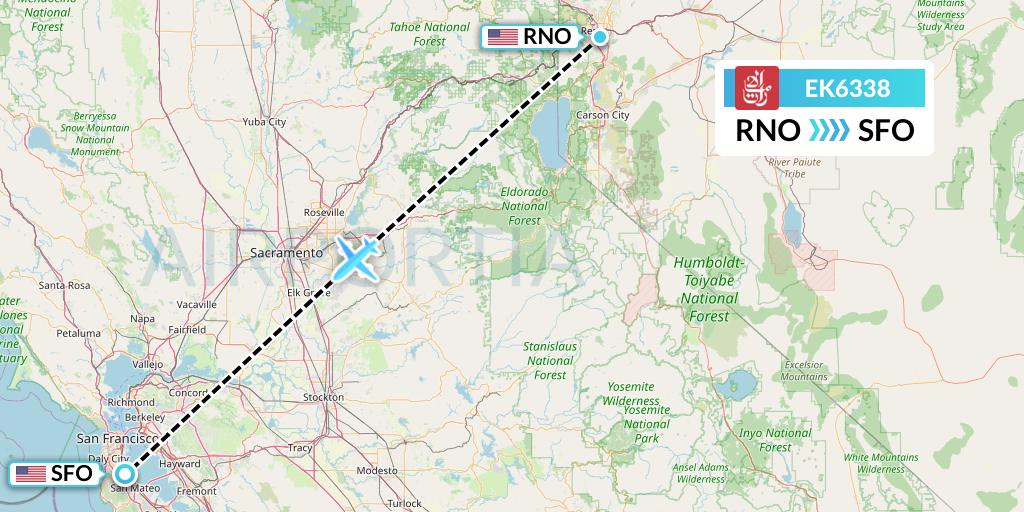 EK6338 Emirates Flight Map: Reno to San Francisco