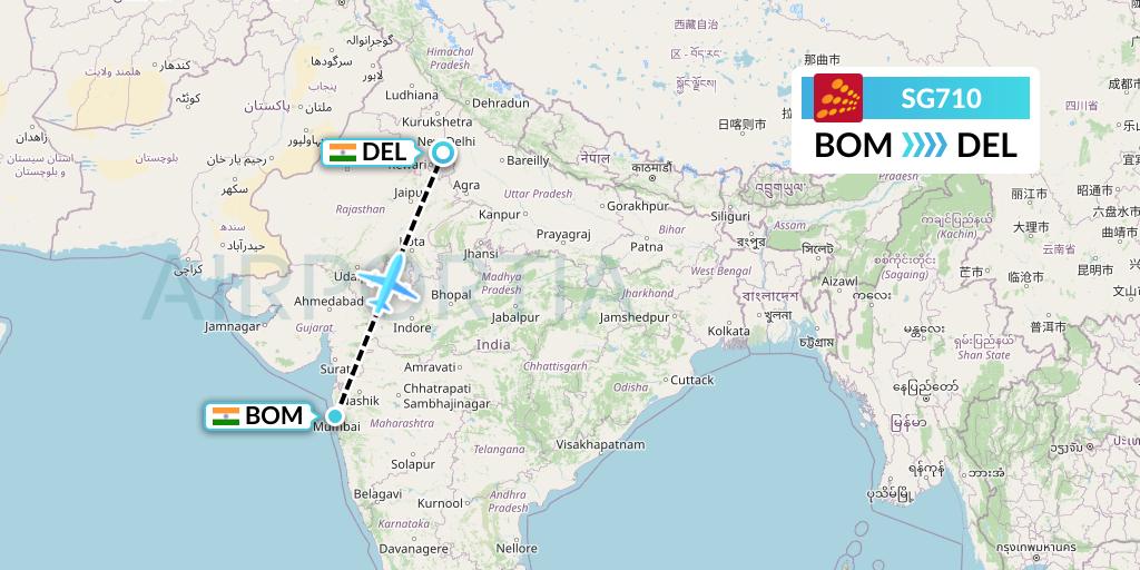 SG710 SpiceJet Flight Map: Mumbai to Delhi