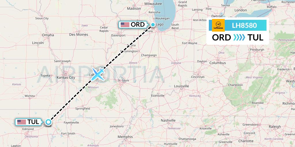 LH8580 Lufthansa Flight Map: Chicago to Tulsa