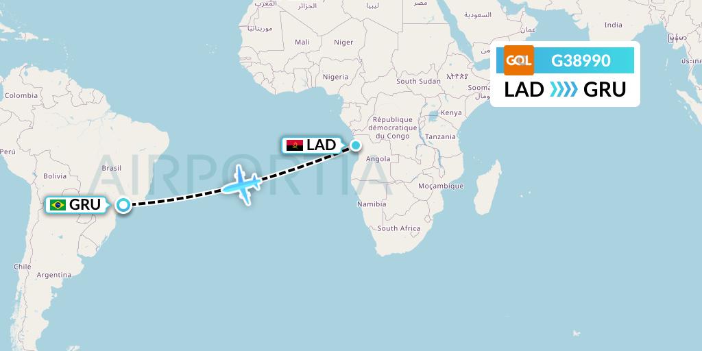 G38990 GOL Transportes Aeros Flight Map: Luanda to Sao Paulo