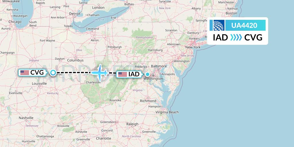 UA4420 United Airlines Flight Map: Washington to Cincinnati