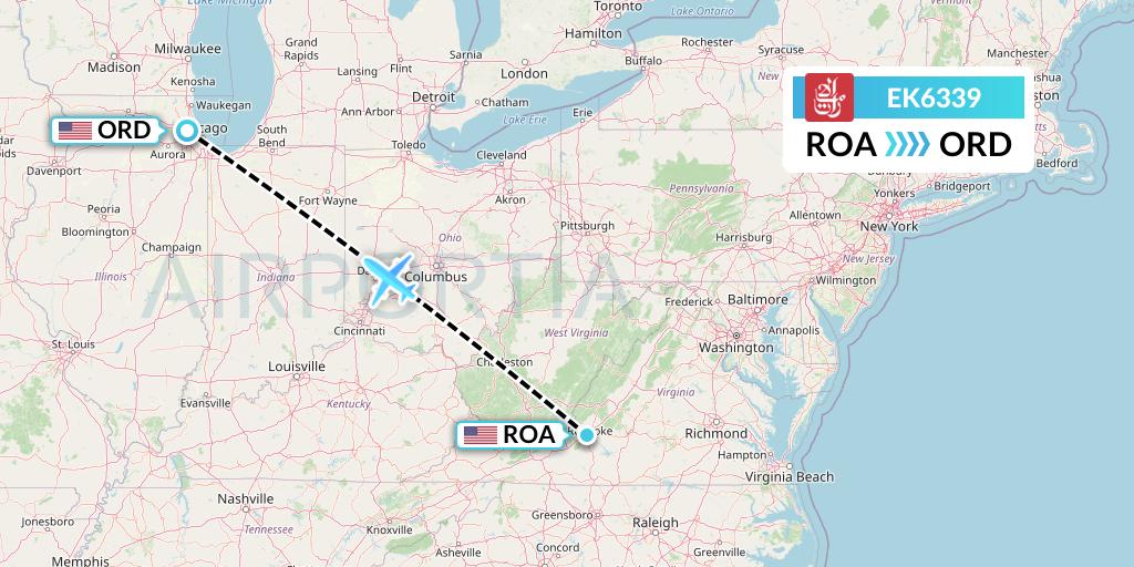 EK6339 Emirates Flight Map: Roanoke to Chicago