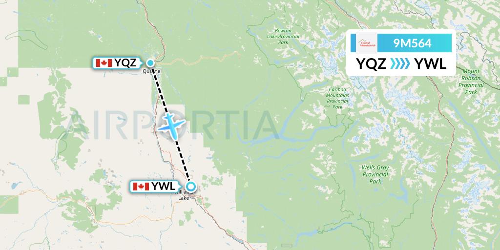 9M564 Central Mountain Air Flight Map: Quesnel to Williams Lake