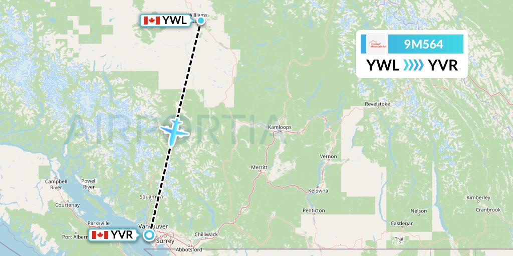 9M564 Central Mountain Air Flight Map: Williams Lake to Vancouver