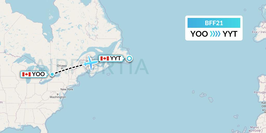 BFF21 Air Nunavut Flight Map: Oshawa to St. John's