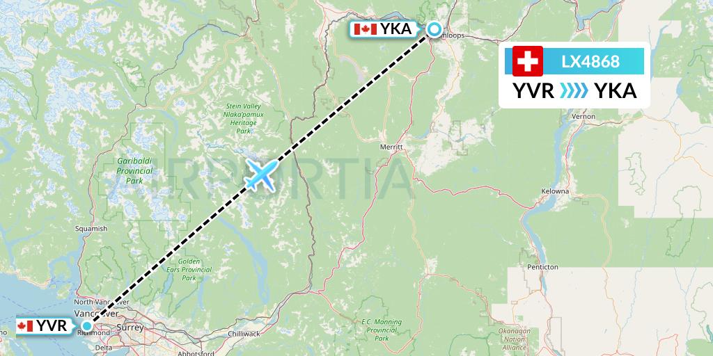 LX4868 Swiss Flight Map: Vancouver to Kamloops