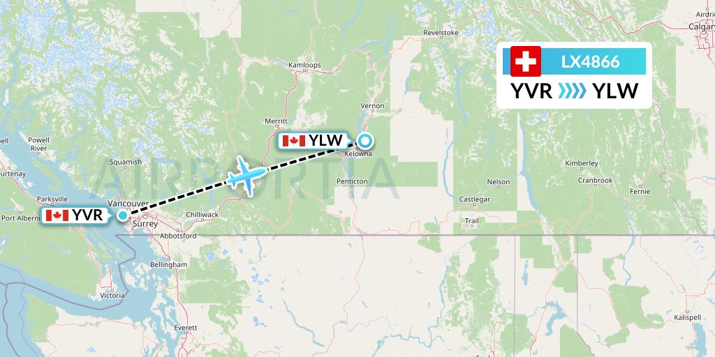 LX4866 Swiss Flight Map: Vancouver to Kelowna