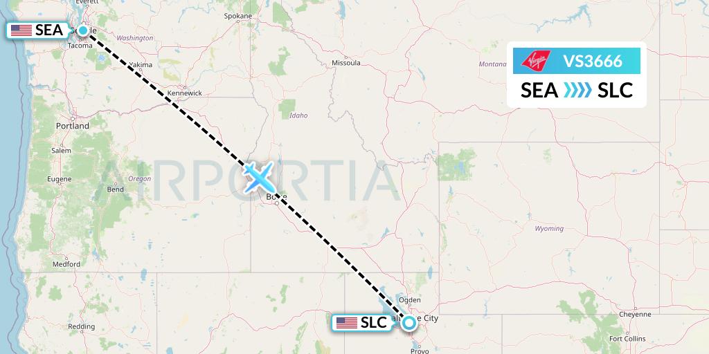 VS3666 Virgin Atlantic Airways Flight Map: Seattle to Salt Lake City