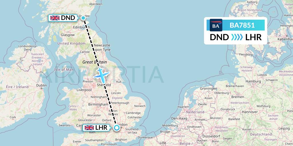 BA7851 British Airways Flight Map: Dundee to London