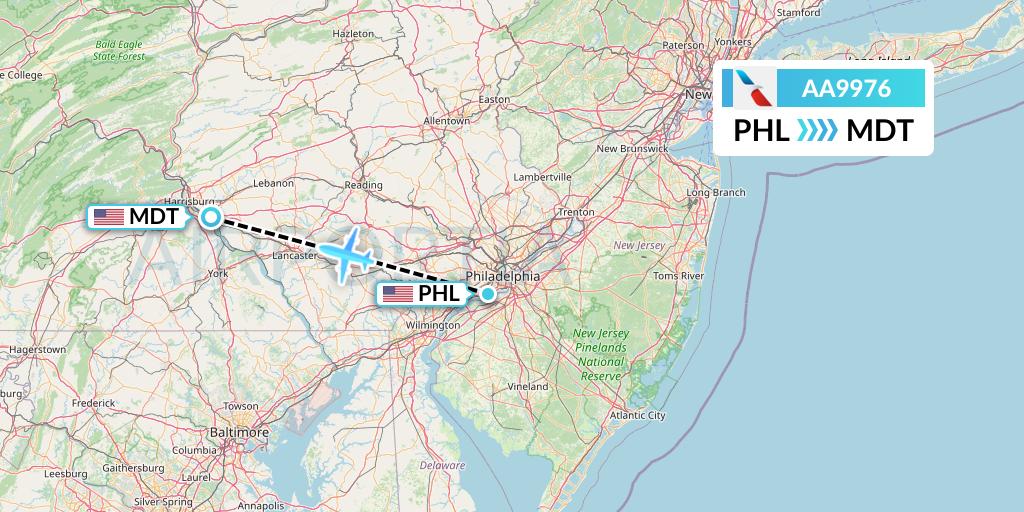 AA9976 American Airlines Flight Map: Philadelphia to Harrisburg