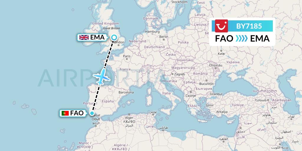 BY7185 TUI Airways Flight Map: Faro to East Midlands