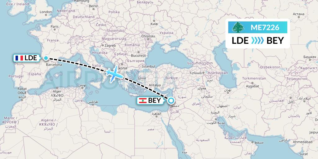 ME7226 MEA Flight Map: Tarbes to Beirut