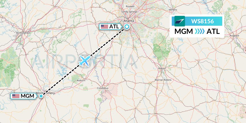 WS8156 WestJet Flight Map: Montgomery to Atlanta
