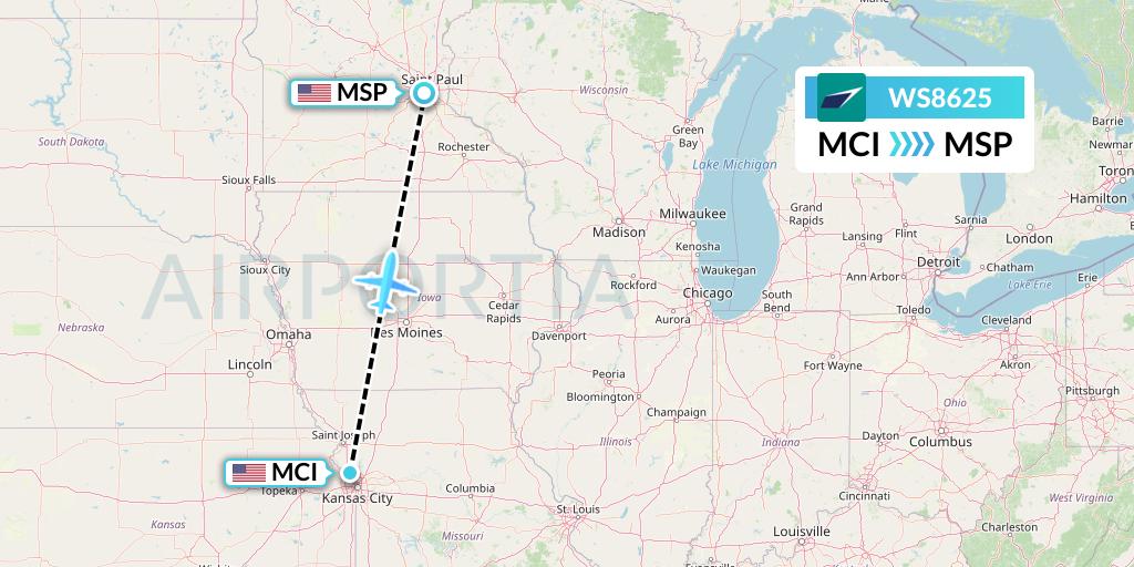 WS8625 WestJet Flight Map: Kansas City to Minneapolis