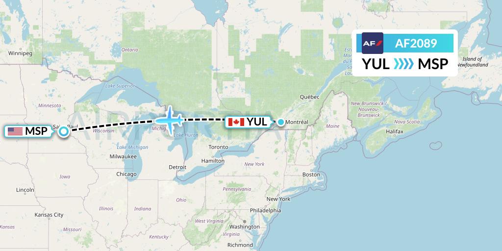 AF2089 Air France Flight Map: Montreal to Minneapolis