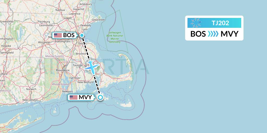 TJ202 Tradewind Aviation Flight Map: Boston to Martha's Vineyard