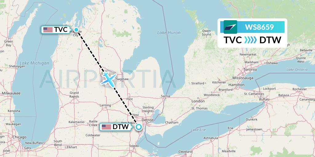 WS8659 WestJet Flight Map: Traverse City to Detroit