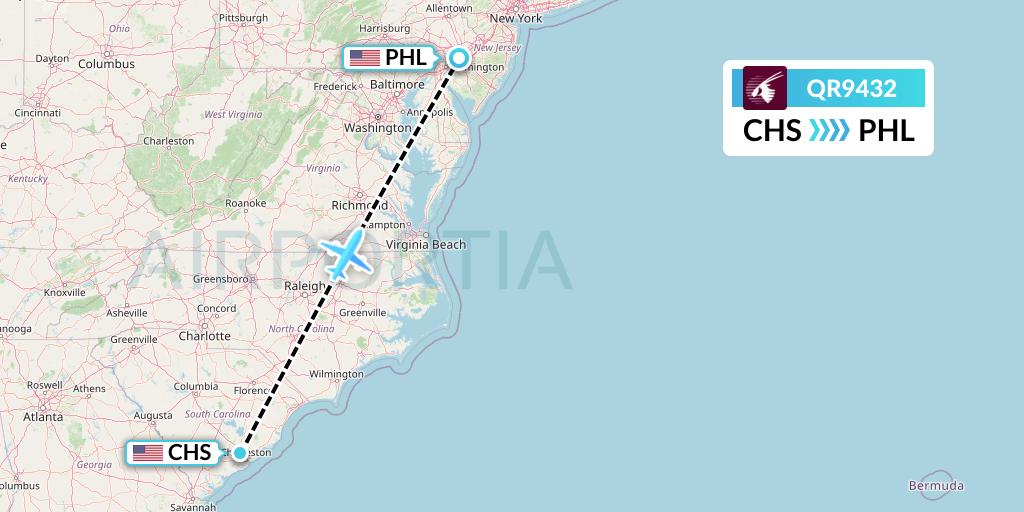 QR9432 Qatar Airways Flight Map: Charleston to Philadelphia