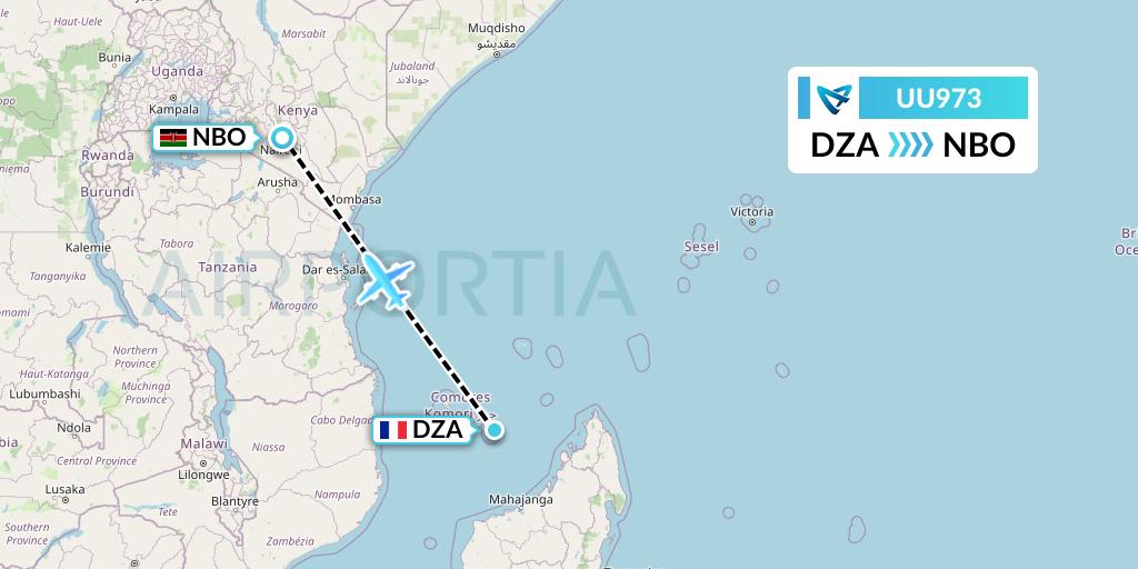 UU973 Air Austral Flight Map: Dzaoudzi to Nairobi