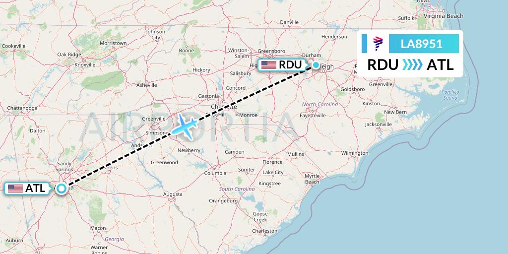LA8951 LAN Airlines Flight Map: Raleigh-Durham to Atlanta