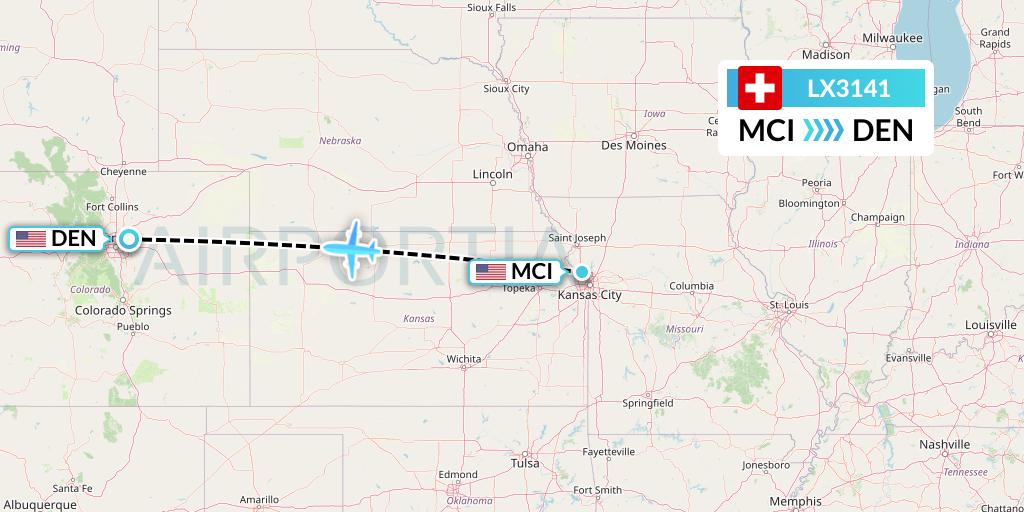 LX3141 Swiss Flight Map: Kansas City to Denver