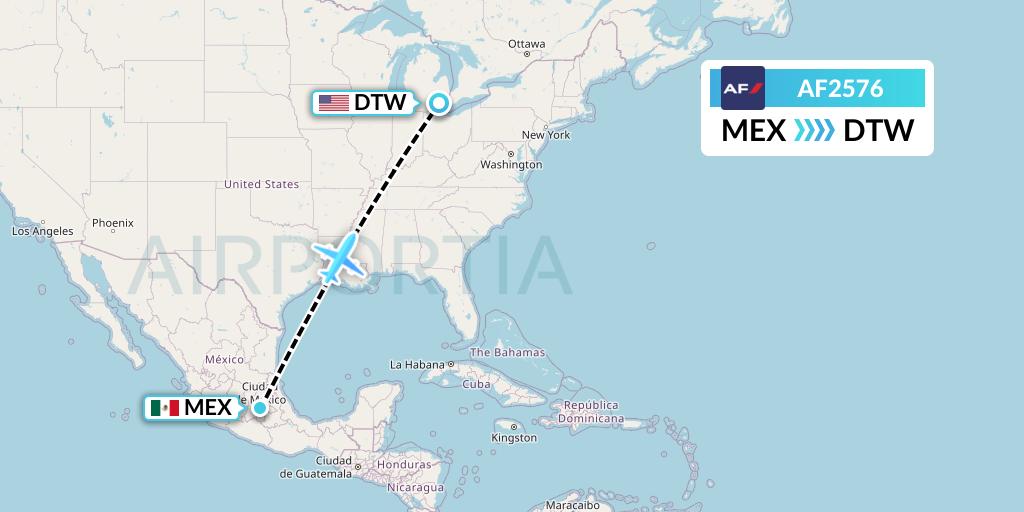 AF2576 Air France Flight Map: Mexico City to Detroit
