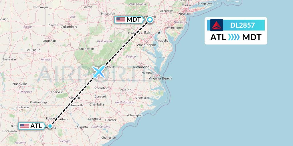 DL2857 Delta Air Lines Flight Map: Atlanta to Harrisburg