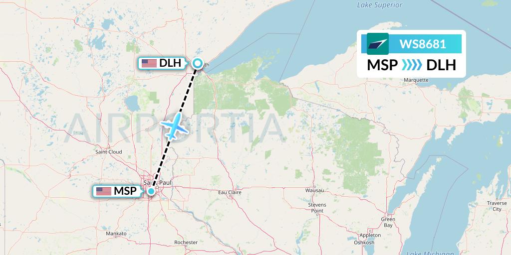 WS8681 WestJet Flight Map: Minneapolis to Duluth