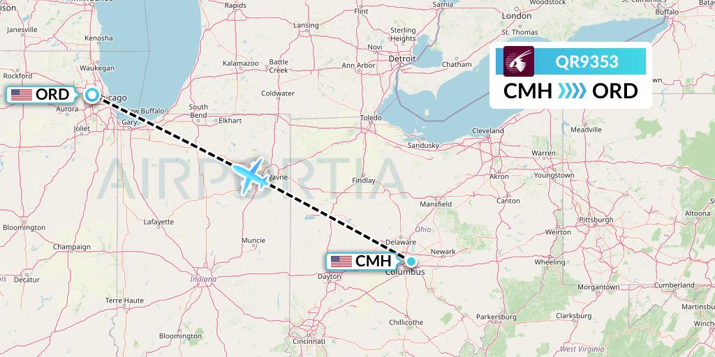 QR9353 Qatar Airways Flight Map: Columbus to Chicago