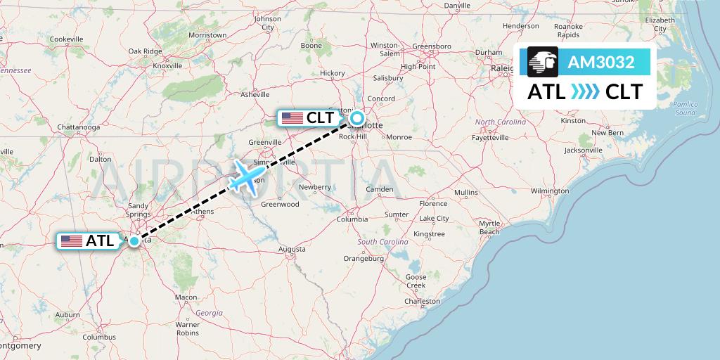AM3032 Aeromexico Flight Map: Atlanta to Charlotte
