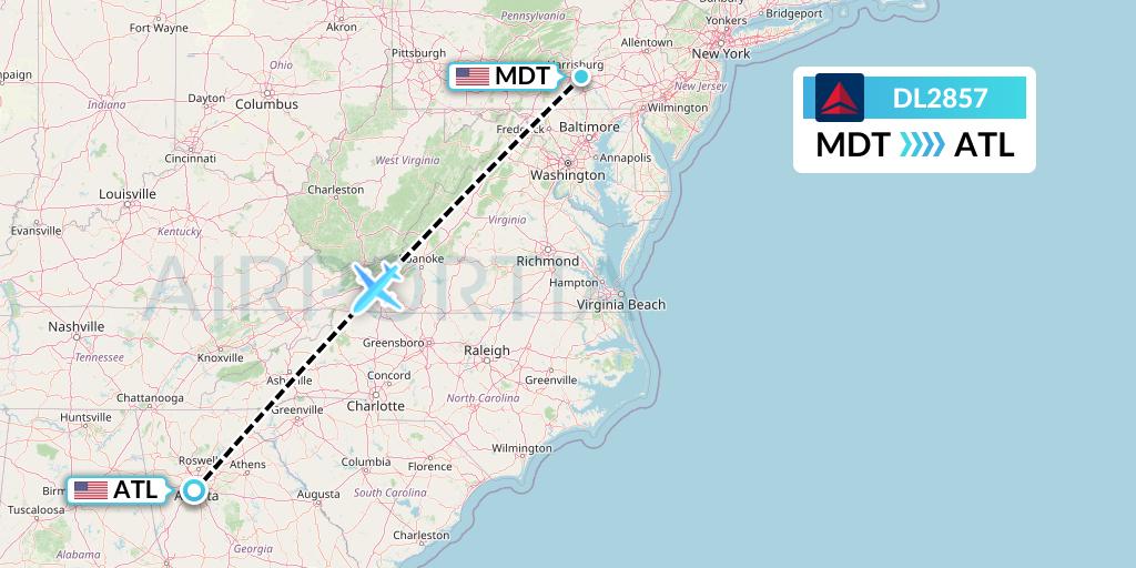 DL2857 Delta Air Lines Flight Map: Harrisburg to Atlanta