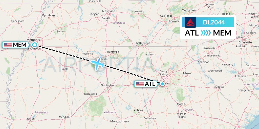 DL2044 Delta Air Lines Flight Map: Atlanta to Memphis