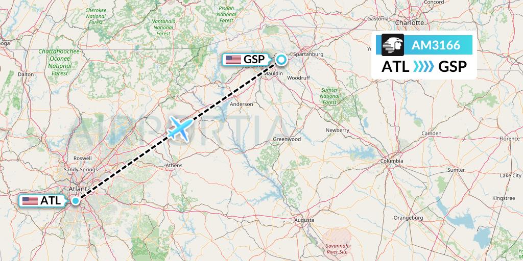 AM3166 Aeromexico Flight Map: Atlanta to Greenville-Spartanburg