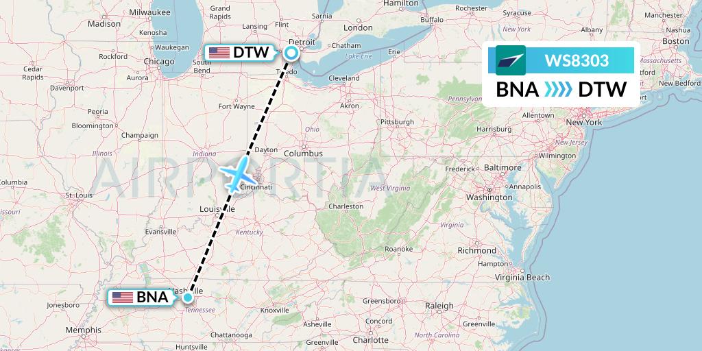 WS8303 WestJet Flight Map: Nashville to Detroit