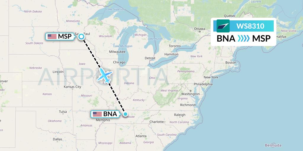 WS8310 WestJet Flight Map: Nashville to Minneapolis