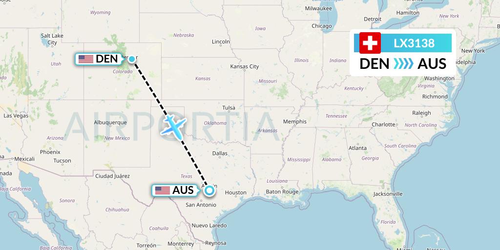 LX3138 Swiss Flight Map: Denver to Austin