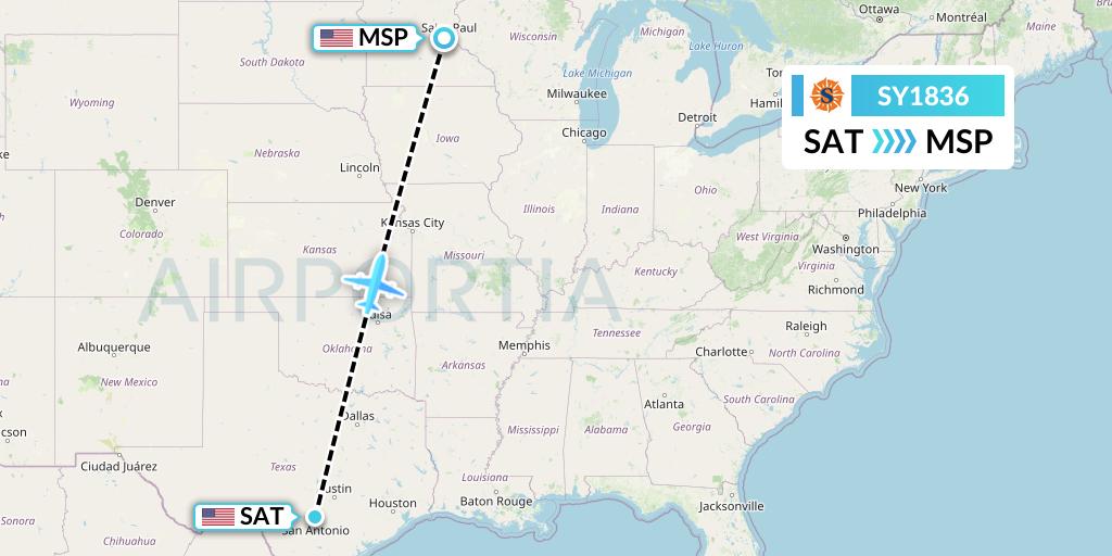 SY1836 Sun Country Airlines Flight Map: San Antonio to Minneapolis