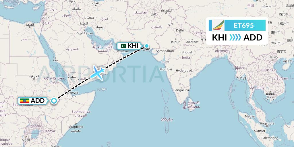 ET695 Ethiopian Airlines Flight Map: Karachi to Addis Ababa