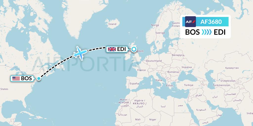 AF3680 Air France Flight Map: Boston to Edinburgh