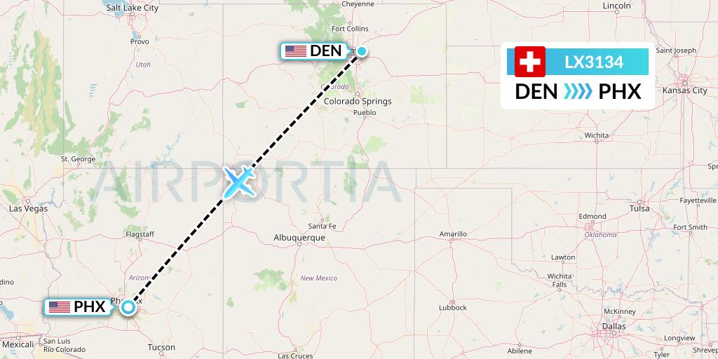 LX3134 Swiss Flight Map: Denver to Phoenix