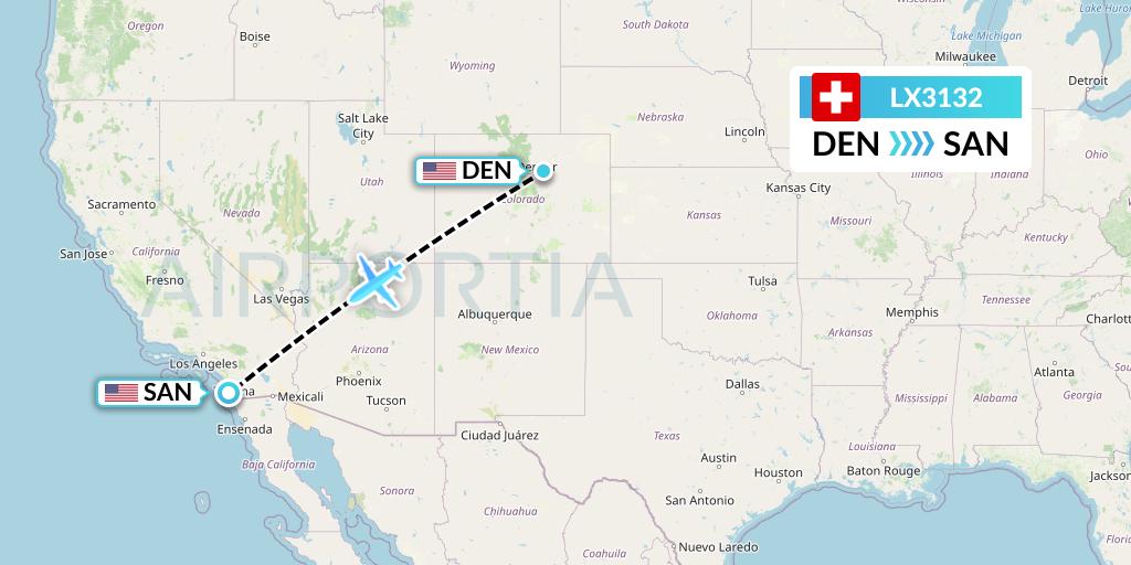 LX3132 Swiss Flight Map: Denver to San Diego