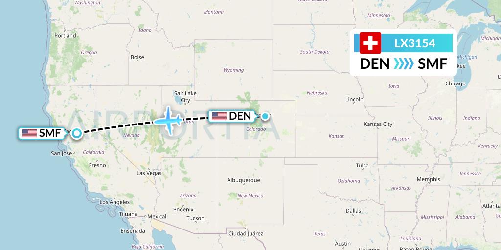 LX3154 Swiss Flight Map: Denver to Sacramento