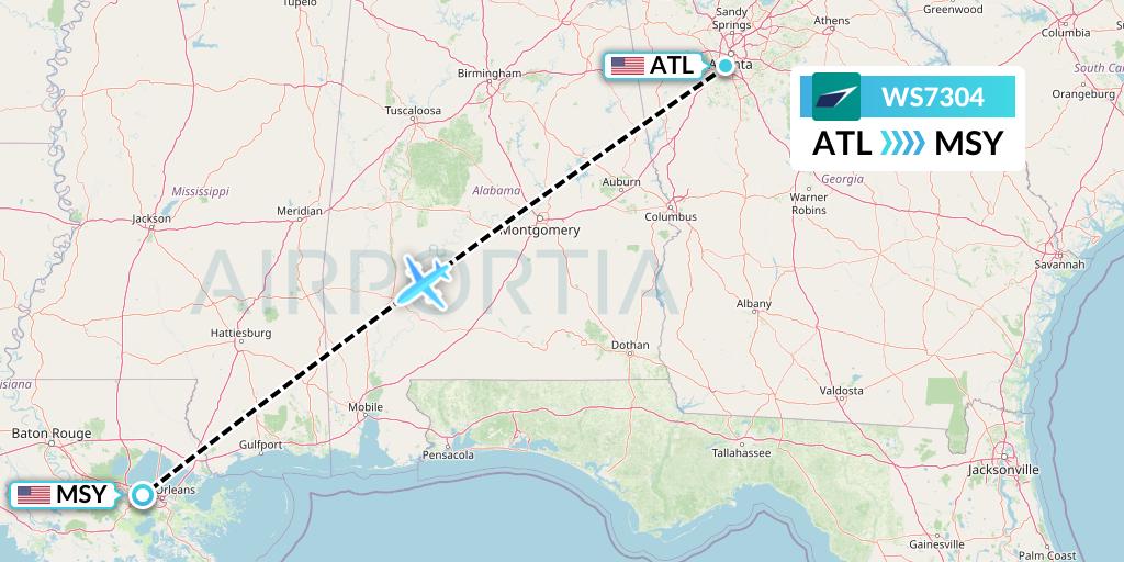 WS7304 WestJet Flight Map: Atlanta to New Orleans