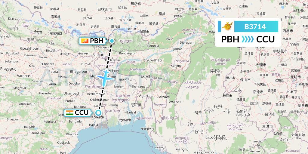 B3714 Bhutan Airlines Flight Map: Paro to Kolkata