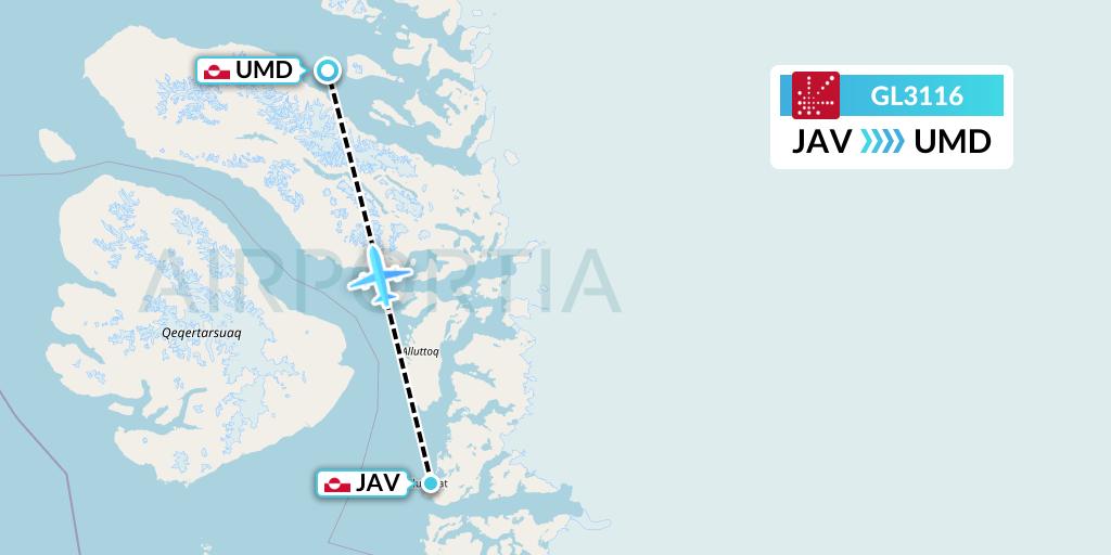 GL3116 Air Greenland Flight Map: Ilulissat to Uummannaq
