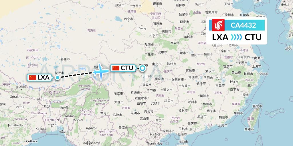 CA4432 Air China Flight Map: Lhasa to Chengdu