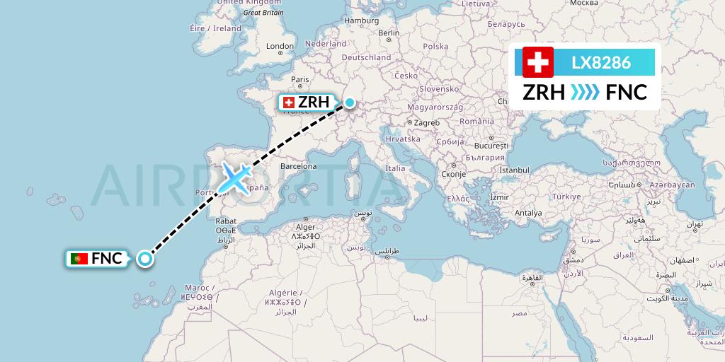 LX8286 Swiss Flight Map: Zurich to Funchal